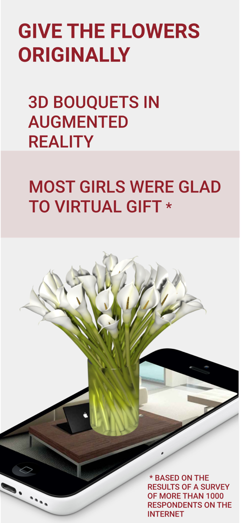 AR Virtual flowers and gifts - A 3D bouquet of white calla lilies appearing on an iPhone screen using augmented reality technology