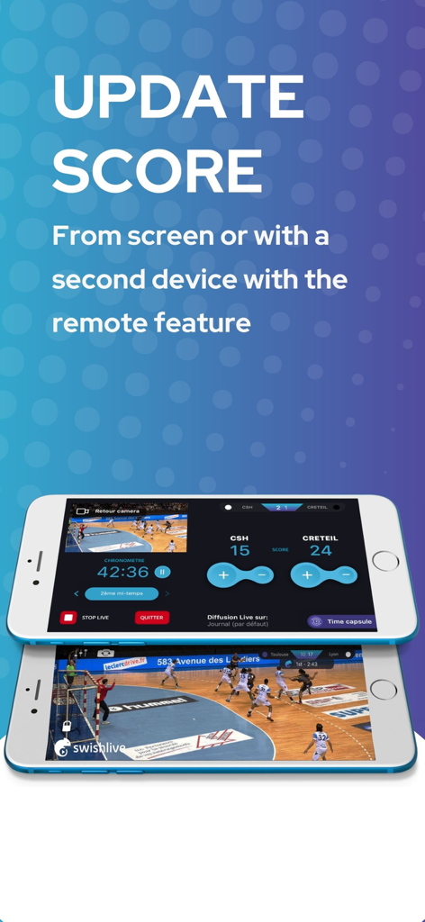 Due smartphone che mostrano l'interfaccia dell'app Swish Live per l'aggiornamento remoto dei punteggi sportivi durante una trasmissione in diretta.