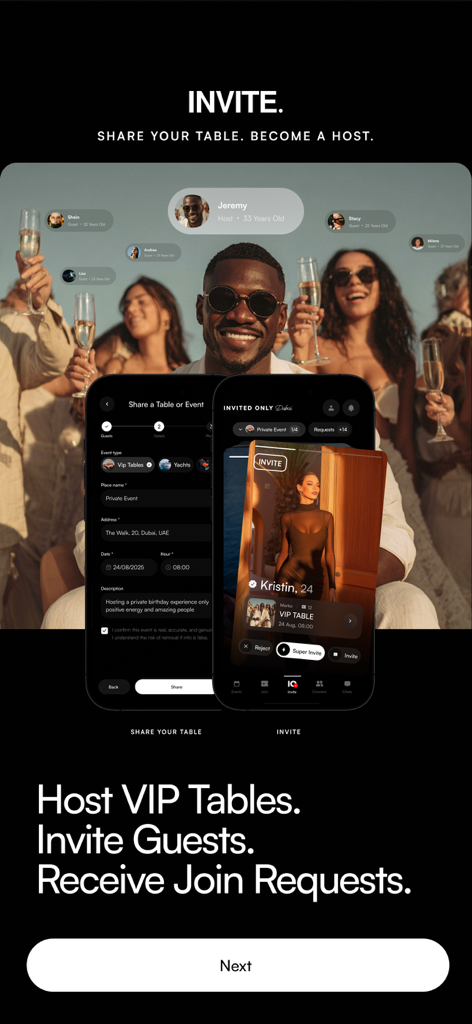 Interface of the Invited Only app showing features to host VIP tables and invite guests to exclusive social events