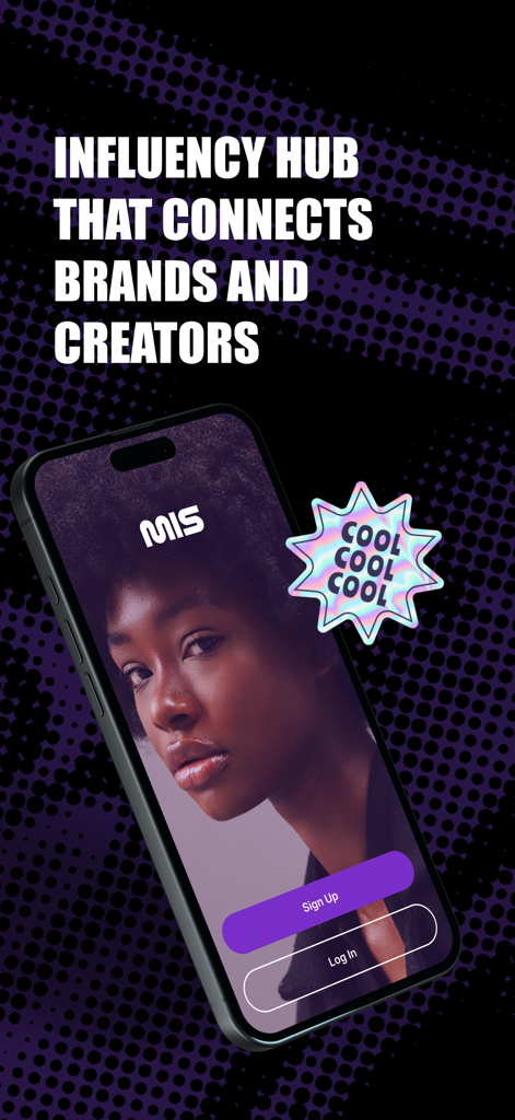 Tela de login do aplicativo MIS com o texto Influency Hub That Connects Brands and Creators em fundo roxo e preto