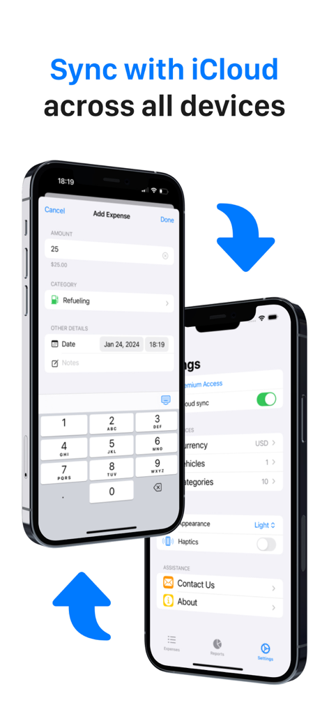 Car Maintenance Tracker - MPG - Duas telas de iPhone mostrando o aplicativo Car Maintenance Tracker com um recurso de sincronização iCloud e interface de registro de despesas.