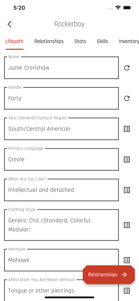 Lifepath screen in the Cyberpunk Red Companion app displaying character details like name, personality, and clothing style.