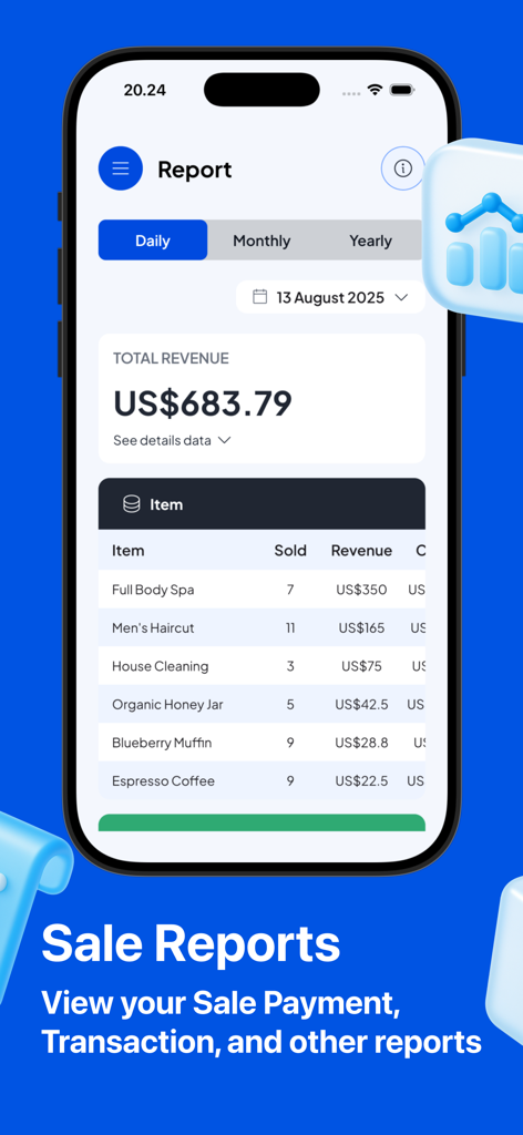 Salesmaster app interface displaying a daily revenue report with itemized sales for services and products on an iPhone.