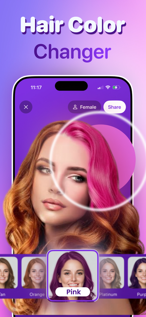 HairLab: Hair Cut Filter Color - Una mujer usando la aplicación HairLab para probarse virtualmente pelo rosa con un filtro de IA.