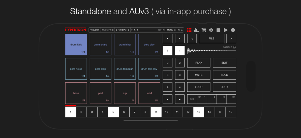 Hypertron - Interfaz de la groovebox Hypertron para producción musical con pads de trigger y secuenciador por pasos