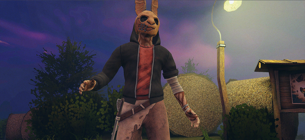 Horror Tale 1: Scary Kidnapper - A scary character wearing a wooden rabbit mask and dark hoodie standing in a field at night