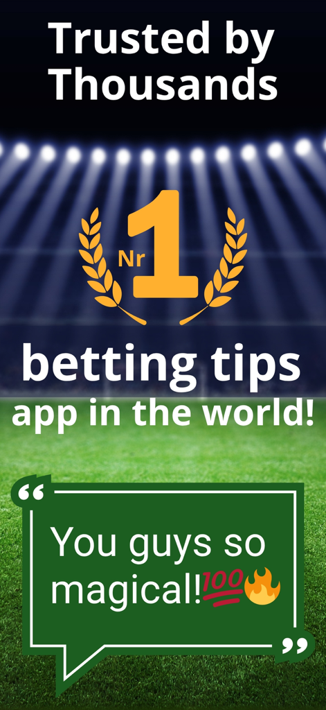 Football Betting Tips & Odds - Gráfico promocional de Consejos y Cuotas de Apuestas de Fútbol que muestra su estatus como la aplicación de consejos de apuestas número uno del mundo con un testimonio de usuario positivo