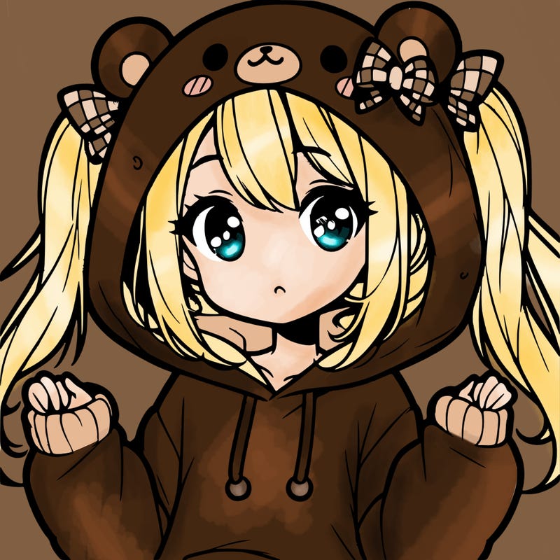 cute anime girl with ponytails and a cute bear hoodie