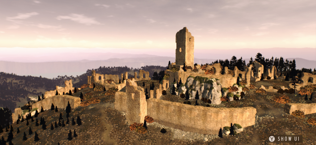 Scenic view of stone castle ruins on a hilltop in the Transylvanian wilderness