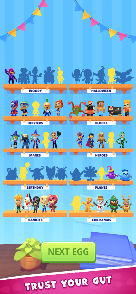 Super Toy 3D - Uma tela do Super Toy 3D mostrando várias coleções de brinquedos temáticas organizadas em prateleiras de madeira com figuras desbloqueadas e silhuetas