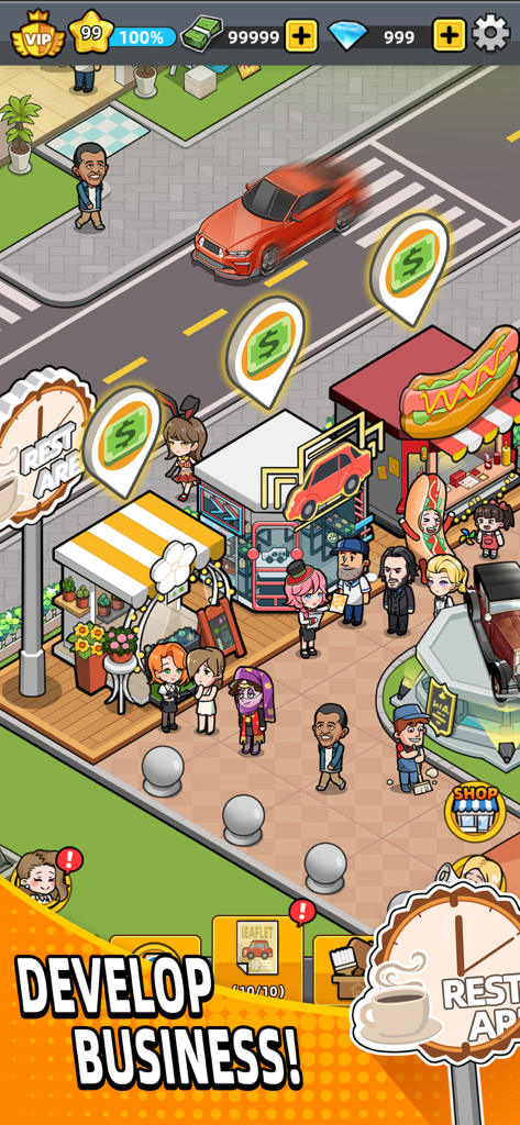 Used Car Tycoon Games - Top down gameplay view of a busy business district in Used Car Tycoon Games featuring shops cars and celebrity characters