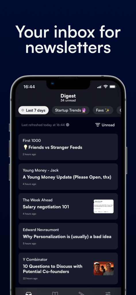 Newsletter Reader by Meco - Meco app digest screen displaying a curated inbox of unread newsletters on an iPhone.