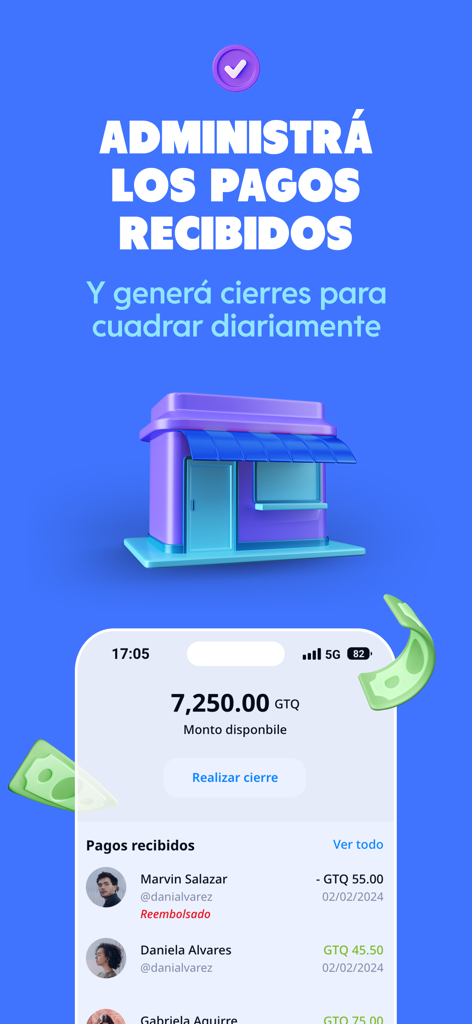 fri Negocios - Interfaz de la app fri Negocios mostrando la lista de pagos recibidos y el botón de cierre diario.
