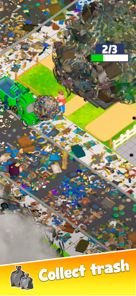 A game character rolling a ball of waste toward a green garbage truck in a cluttered street