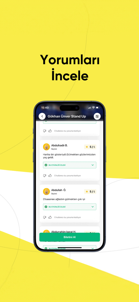 Écran de l'application Biletinial affichant les avis des utilisateurs et des évaluations cinq étoiles pour un spectacle de stand-up