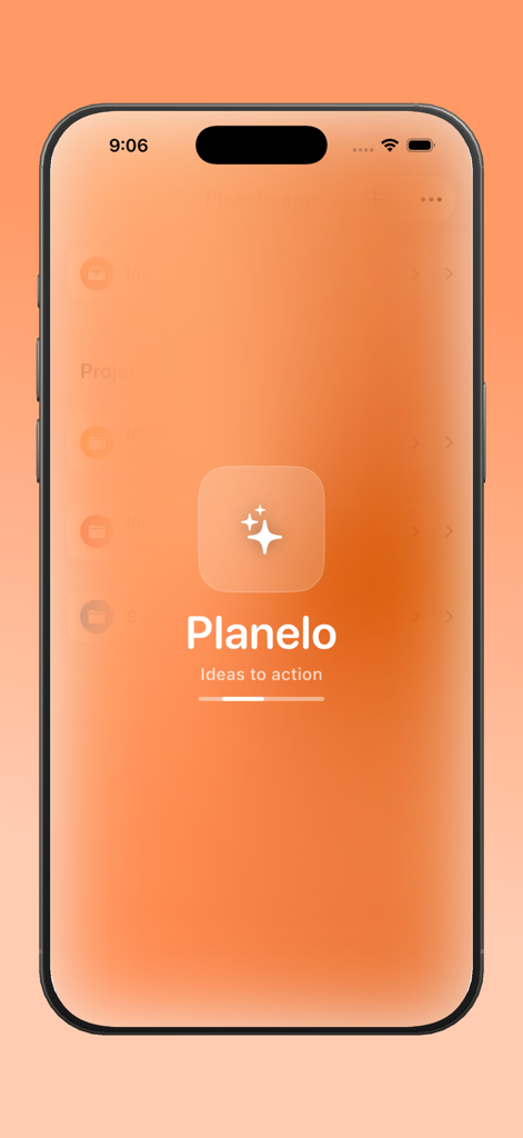Planelo app splash screen on iPhone showing the logo and tagline Ideas to action