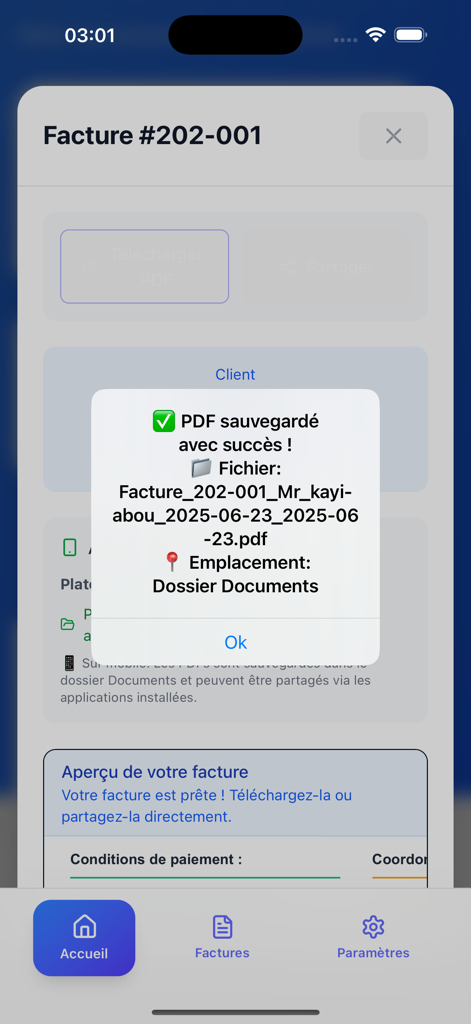 FACTURA PRO - Screenshot of Factura Pro app showing a success message for a saved PDF invoice on iPhone
