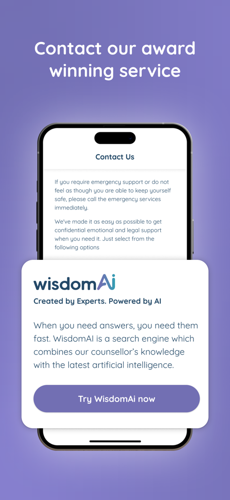 Wisdom: Learn, Grow, Thrive - La aplicación de bienestar Wisdom mostrando su pantalla de contacto y la herramienta de soporte wisdomAi