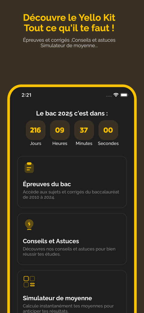 Yello-app - Yello app dashboard showing a Bac 2025 countdown timer and study resource modules
