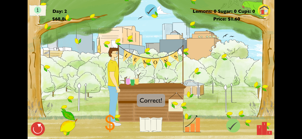 Lemons: Learn Accounting - Lemonade stand business simulation gameplay from the Lemons Learn Accounting app