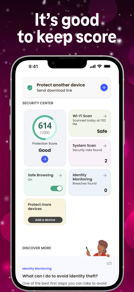 McAfee Security for T-Mobile - McAfee Security for T-Mobile app dashboard showing a protection score and security status updates
