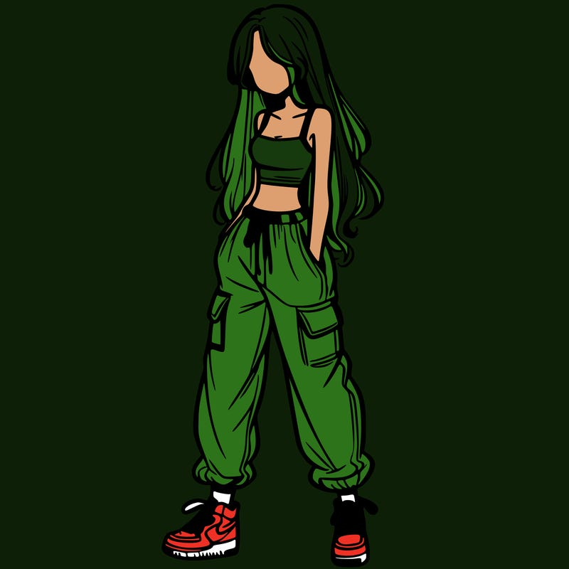 girl in baggy pants crop top and long hair