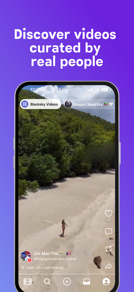 Skylight Social mobile app interface displaying a curated short-form video of a beach.