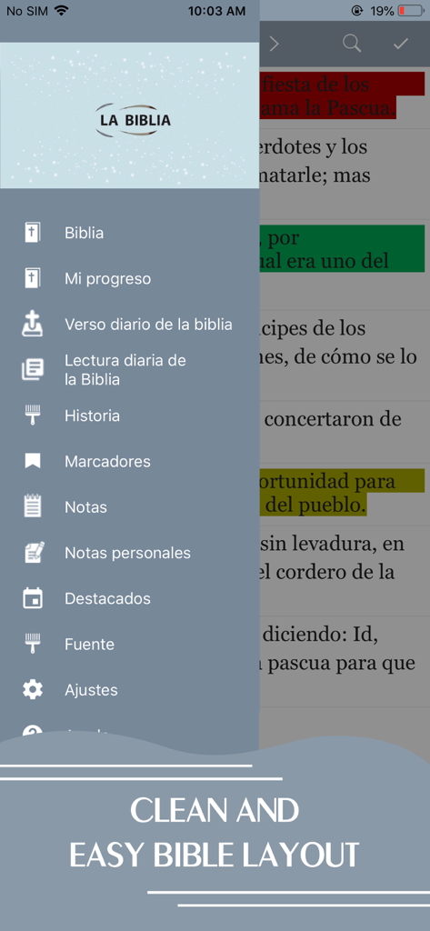 La Biblia · - Menu de navigation de l'application La Biblia montrant les fonctionnalités de lecture et d'étude en espagnol.