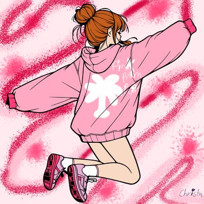 realistic girl jumping with a bun and oversized sweatshirt