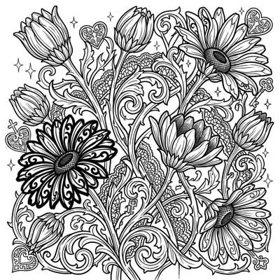 Explore a mesmerizing coloring page featuring daisy buds and blooming flowers, intertwined with intricate gothic patterns and Victorian lace. A perfect blend of spring's renewal and dark elegance awaits your artistic interpretation.