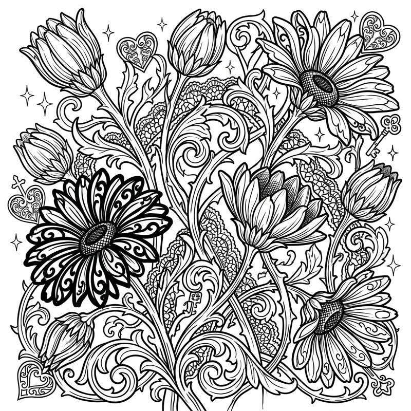 Explore a mesmerizing coloring page featuring daisy buds and blooming flowers, intertwined with intricate gothic patterns and Victorian lace. A perfect blend of spring's renewal and dark elegance awaits your artistic interpretation.
