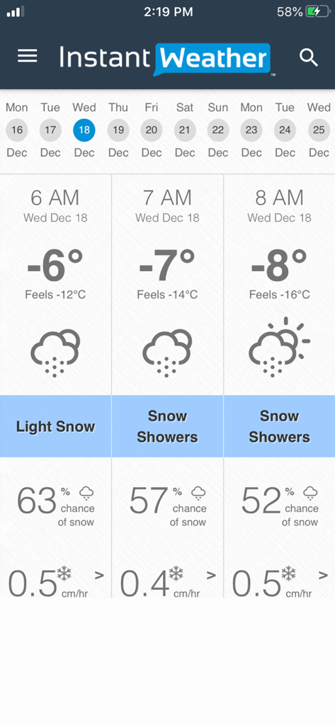 Instant Weather - A screenshot of the Instant Weather app showing detailed hourly snow forecasts and temperatures.
