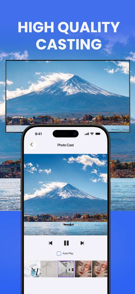 Screen Mirror-Cast to Smart TV - Smartphone screen displaying a mountain photo mirrored onto a smart TV screen