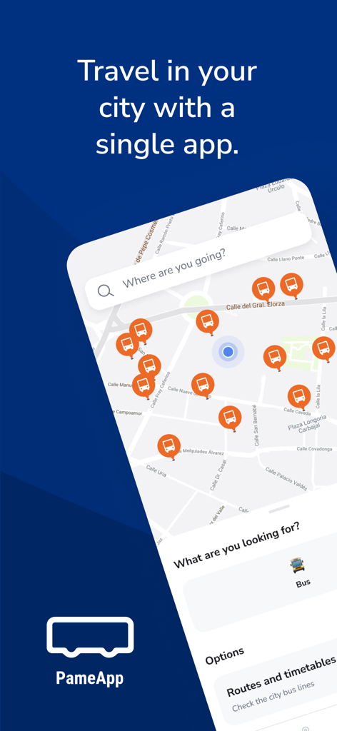 Pame App - Pame App mobile interface displaying an interactive map with bus stop icons and a destination search bar