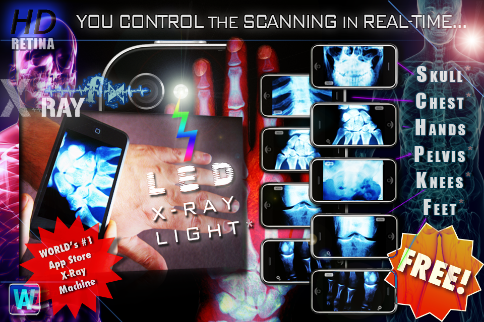 Promotional graphic for Amazing Xray FX Lite prank app showing simulated bone scans on multiple iPhone screens