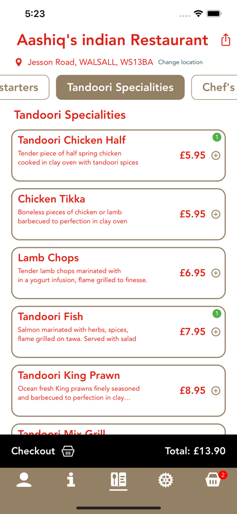 Aashiq's indian Restaurant - Mobile menu for Aashiqs Indian Restaurant showing Tandoori Specialties and prices