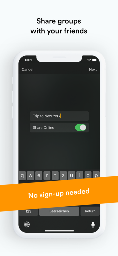 Splid app screen showing group creation for a trip and no sign up required