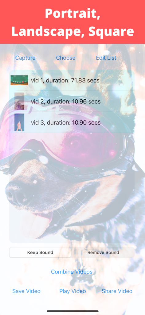 Stitch Videos - Interface of the Stitch Videos app showing a list of video clips ready to be combined with options for different screen orientations.