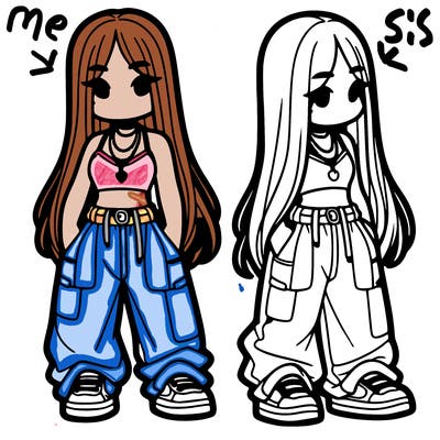 girl in baggy pants crop top and long hair