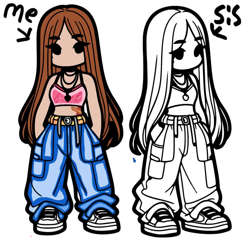 girl in baggy pants crop top and long hair