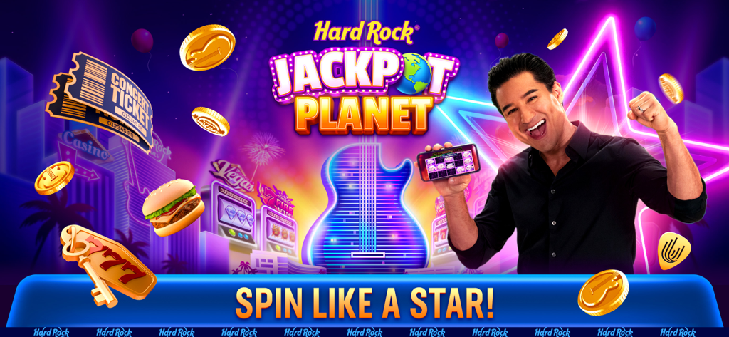 Mario Lopez promoting Hard Rock Jackpot Planet social casino with the slogan Spin Like a Star