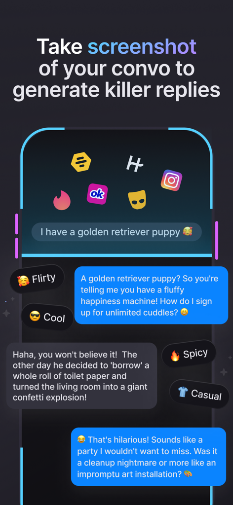 Rizz Mentor AI:Flirt Assistant - Rizz Mentor AI app interface generating flirty and cool chat replies from a conversation screenshot.