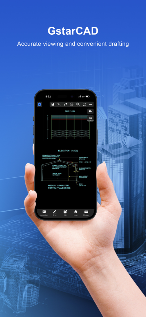GstarCAD - A hand holding a smartphone displaying an architectural CAD drawing within the GstarCAD mobile app.