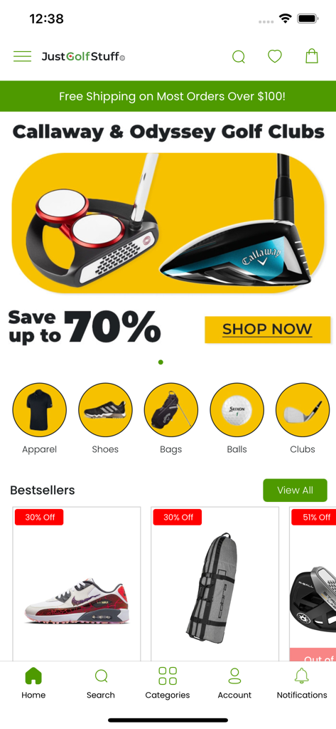 Just Golf Stuff - Just Golf Stuff mobile app home screen featuring discounted golf clubs and equipment categories