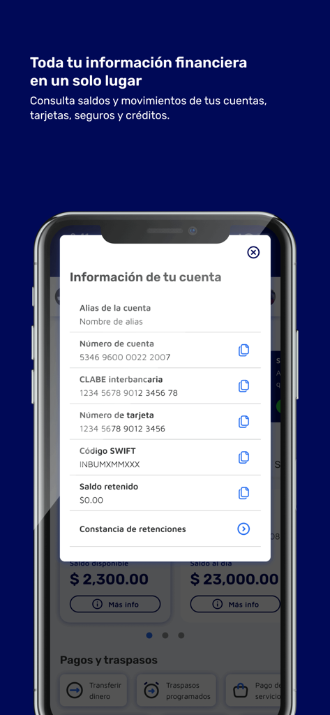 Inbursa Móvil - Pantalla móvil de la aplicación Inbursa Movil que muestra información detallada de la cuenta, incluido el código CLABE y SWIFT