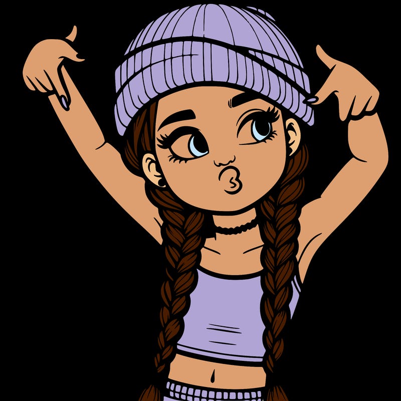 realistic teenage girl with braids and a beanie and crop top doing 🫶🏼