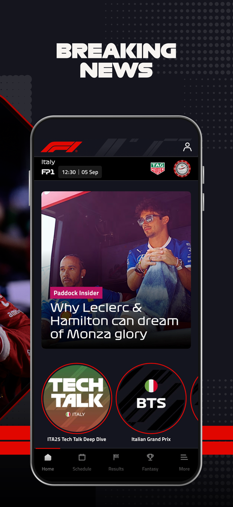 L'écran d'accueil de l'application mobile officielle de Formule 1 affiche des articles d'actualité et des liens vers des analyses techniques.