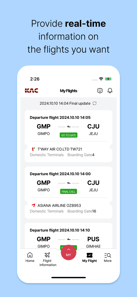 SMART AIRPORTS - A mobile app interface showing real-time flight departure information and status updates for Gimpo Airport