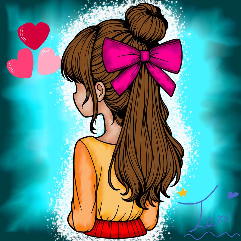 realistic girl  with hip length hair a bun and a big bow on the back of head