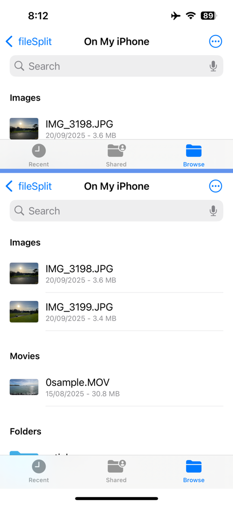 fileSplit app showing two file browsing panes separated by an adjustable splitter